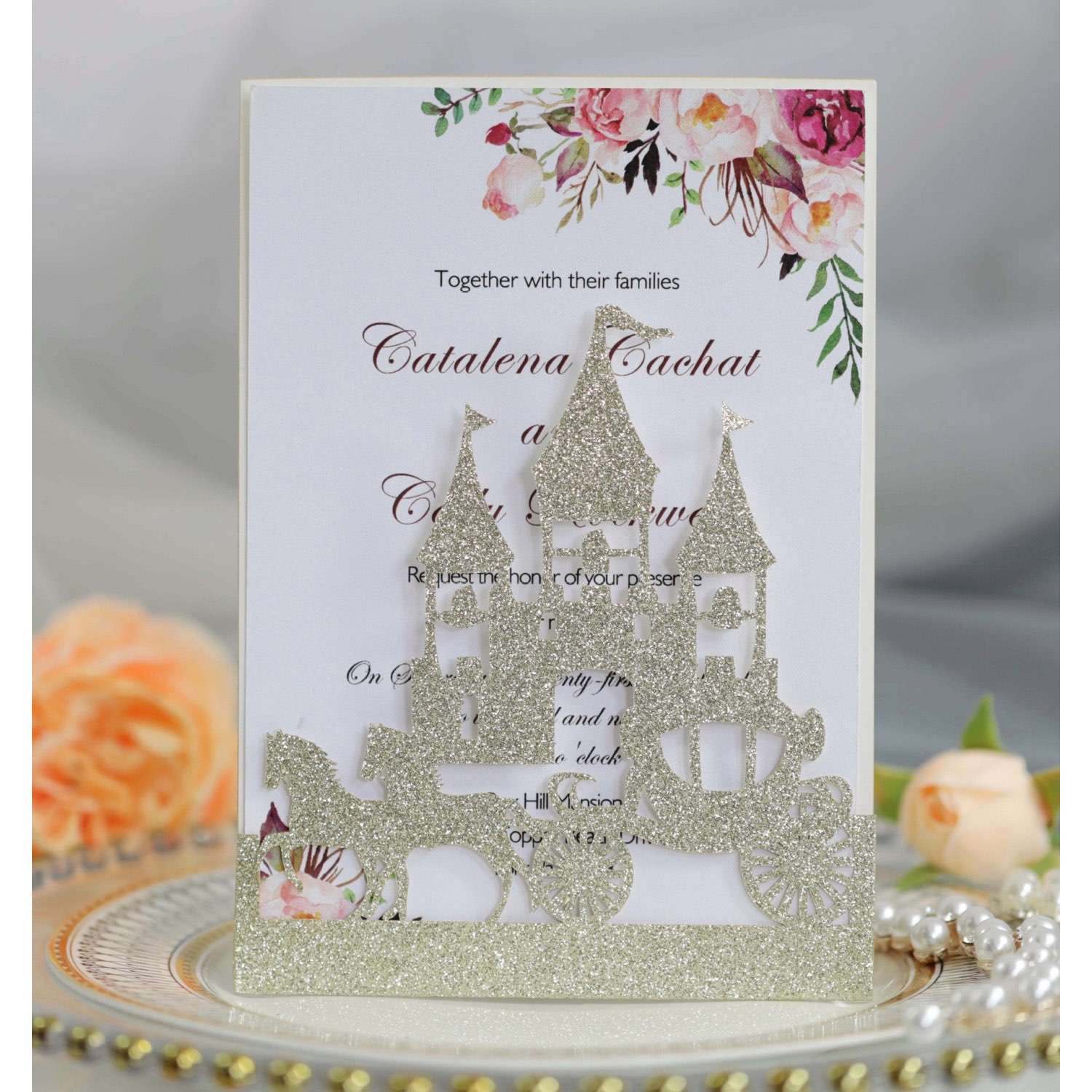 Wedding Card Design Laser Cut Castle And Carriage Invitation Glitter Card